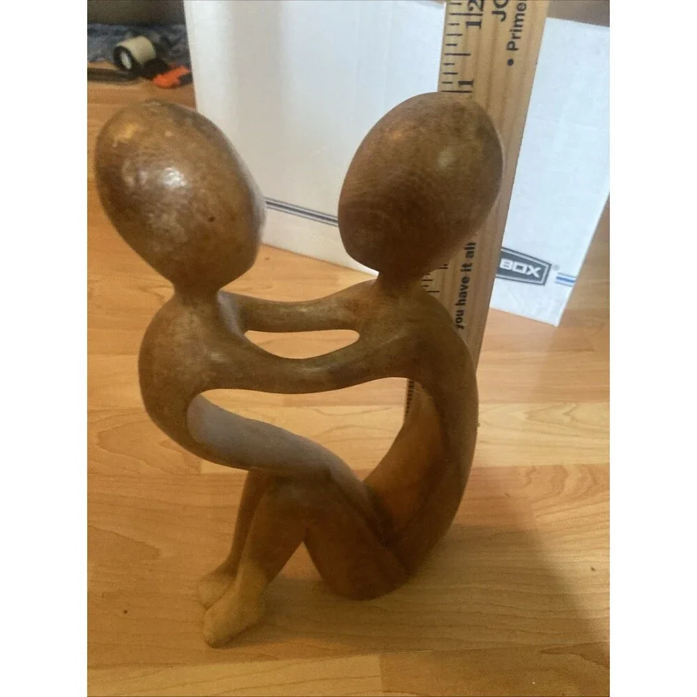 Hand-Carved Wooden Sculpture Mother and Child Embrace Abstract Figurine 11”